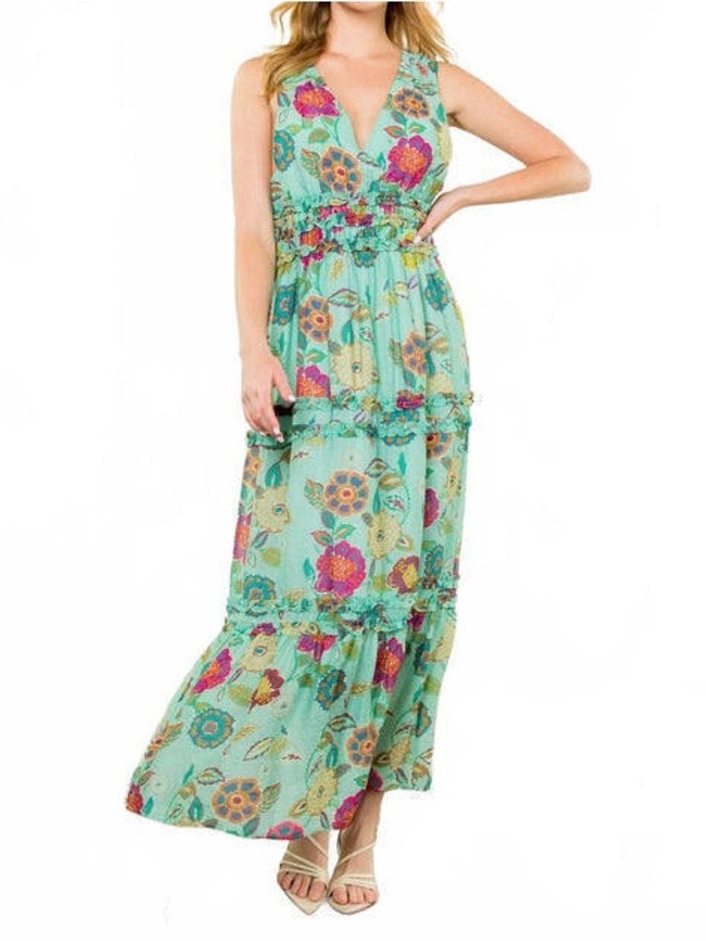 THML Floral Print Long Dress In Mint Green Sz XL